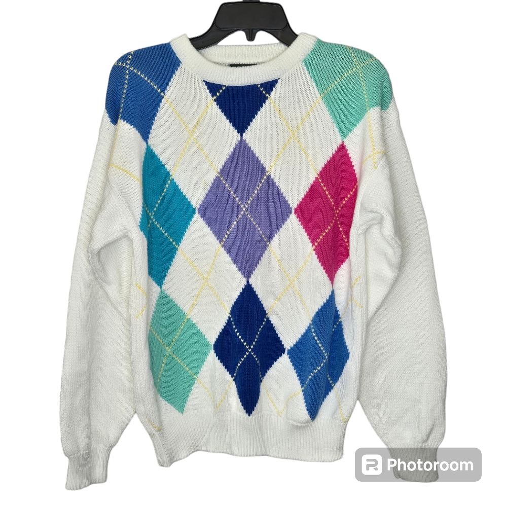 Vintage Izod knit argyle golf sweater white w/pastel‎ pattern colors Mens Medium